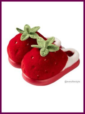 Fuzzy Plush Strawberry Slippers Memory Foam Non-Slip Winter House Shoes